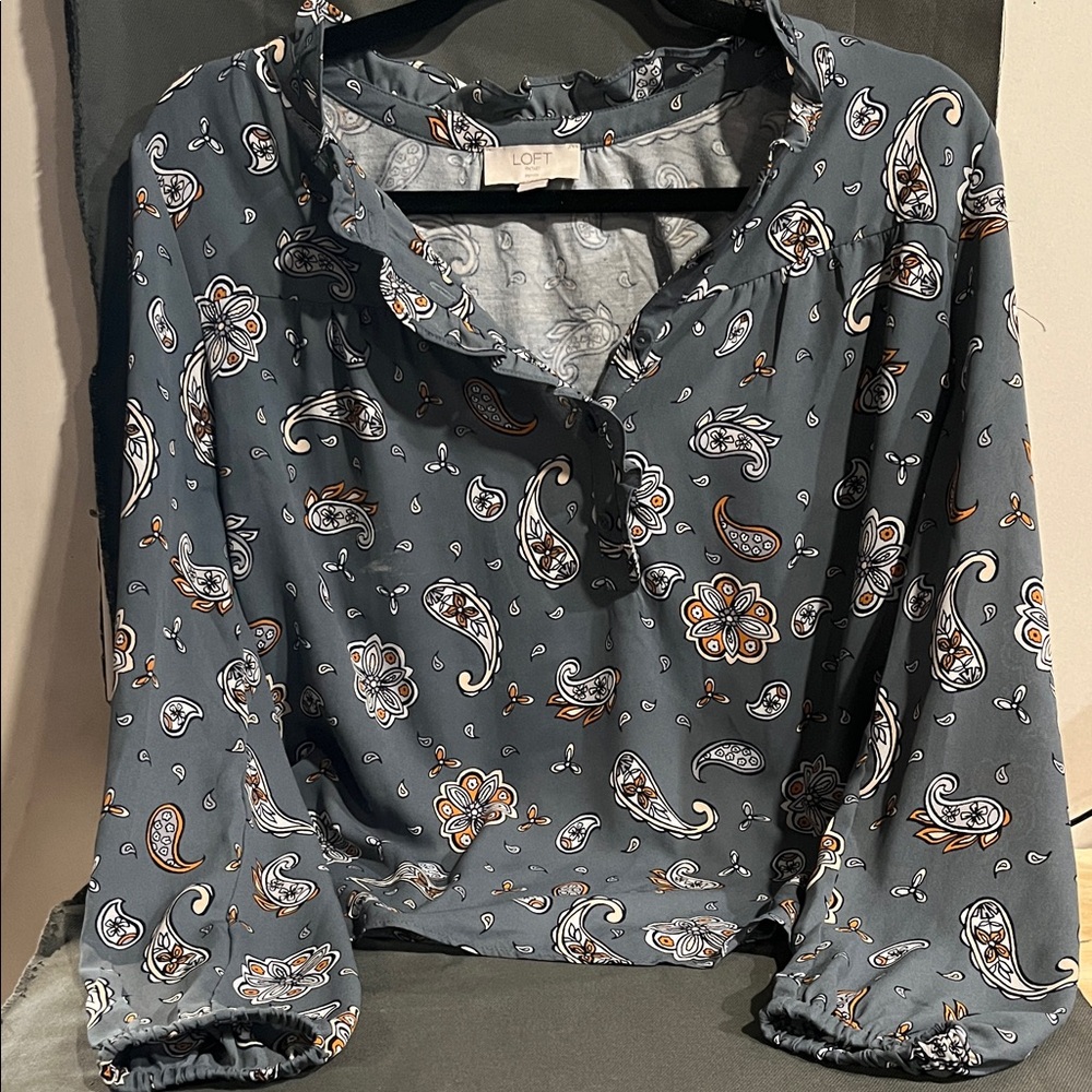 LOFT Paisley Print Blouse - Dark Gray and White